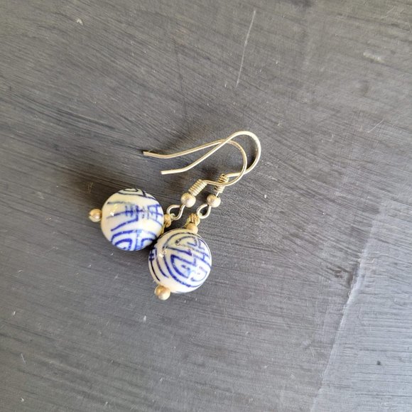 White and Blue Porcelain Chinese Character Beaded Dangle Earrings - Picture 1 of 7